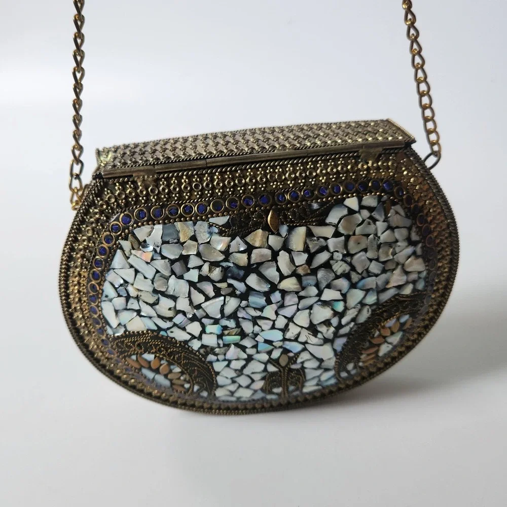 Vintage Handmade Brass Mother of Pearl Mosaic Crossbody Clutch Purse Bohemian